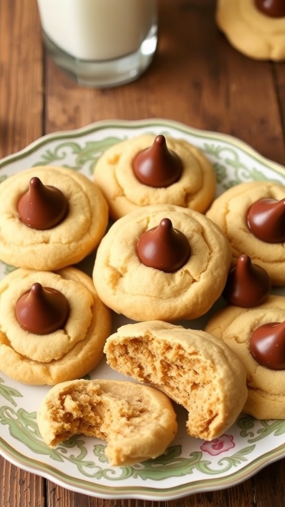A plate of Peanut Butter Blossom Cookies with chocolate kisses on top, served with a glass of milk.
